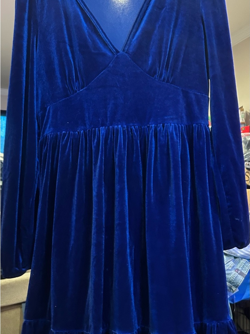 Blue Velvet Long Sleeve Dress - Elegant V-Neck
